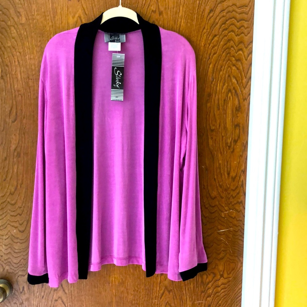 Slinky Brand Knit Cardigan NWT Size L Pink with black trim.